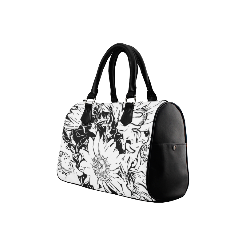 Inky Black and White Floral 1 by JamColors Boston Handbag (Model 1621)