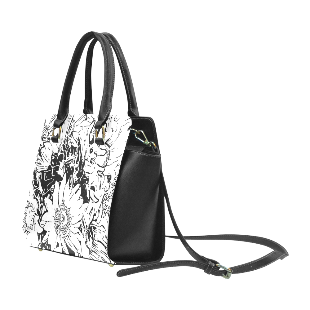 Inky Black and White Floral 1 by JamColors Rivet Shoulder Handbag (Model 1645)