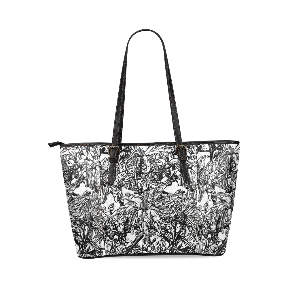 Inky Black and White Floral 2 by JamColors Leather Tote Bag/Large (Model 1640)