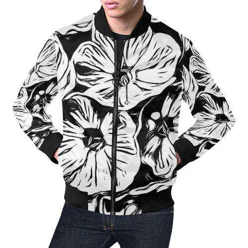 Inky Black and White Floral 3 by JamColors All Over Print Bomber Jacket for Men (Model H19)