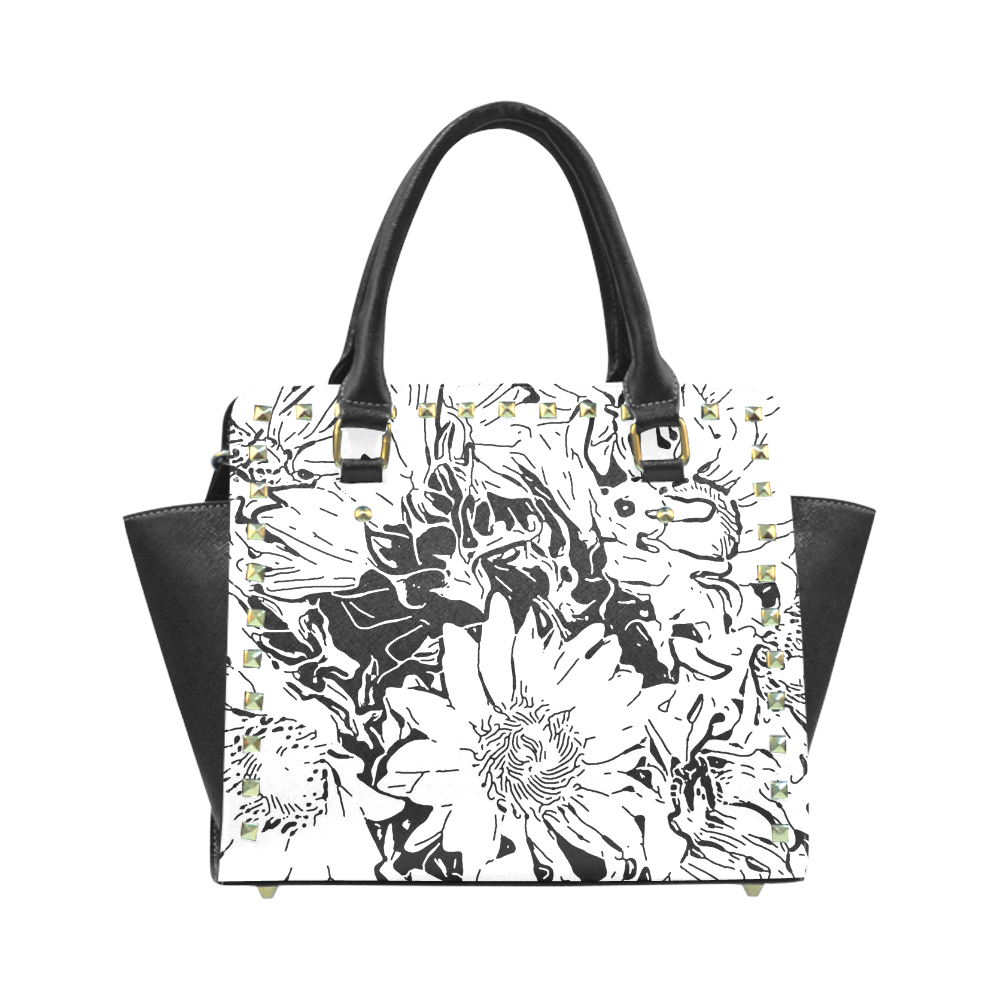 Inky Black and White Floral 1 by JamColors Rivet Shoulder Handbag (Model 1645)