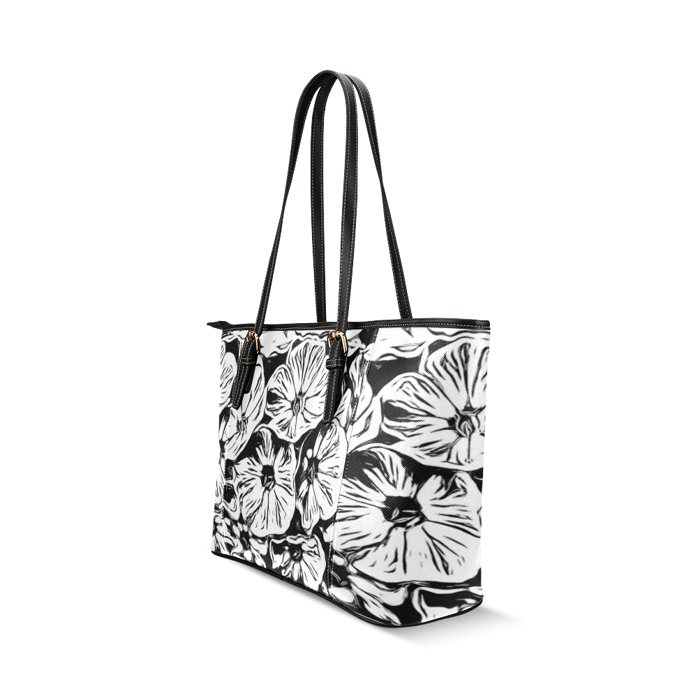 Inky Black and White Floral 3 by JamColors Leather Tote Bag/Small (Model 1640)