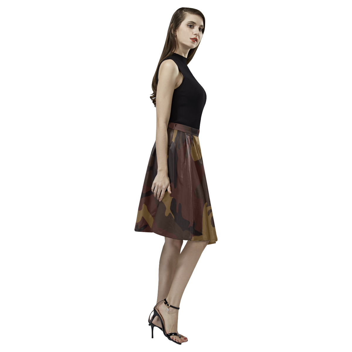 Camo Dark Brown Melete Pleated Midi Skirt (Model D15)