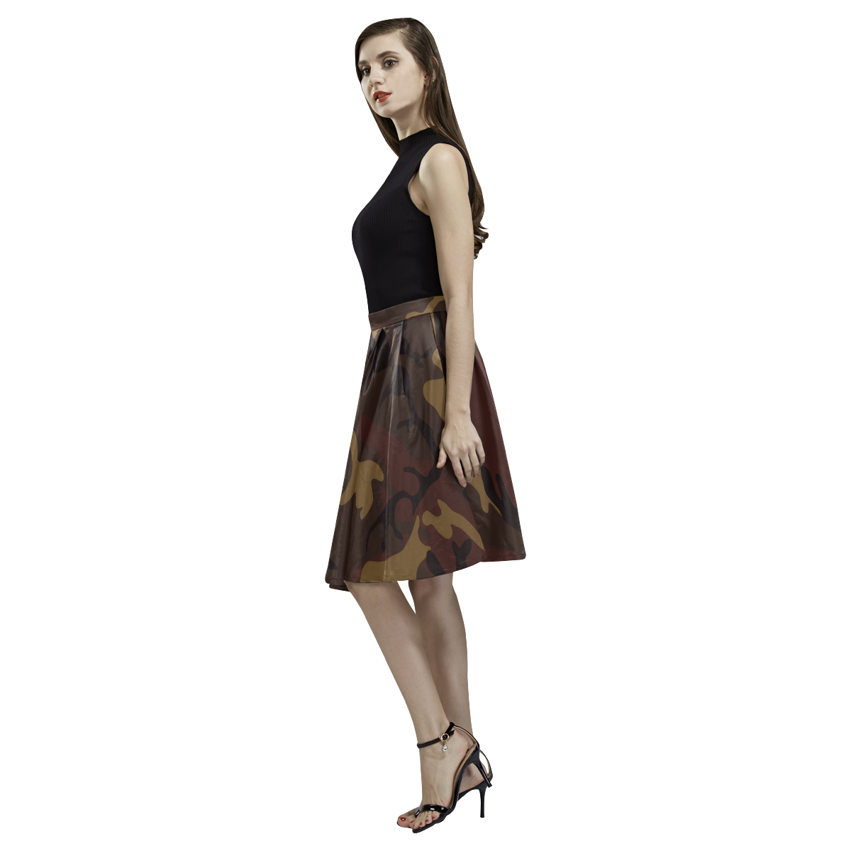 Camo Dark Brown Melete Pleated Midi Skirt (Model D15)