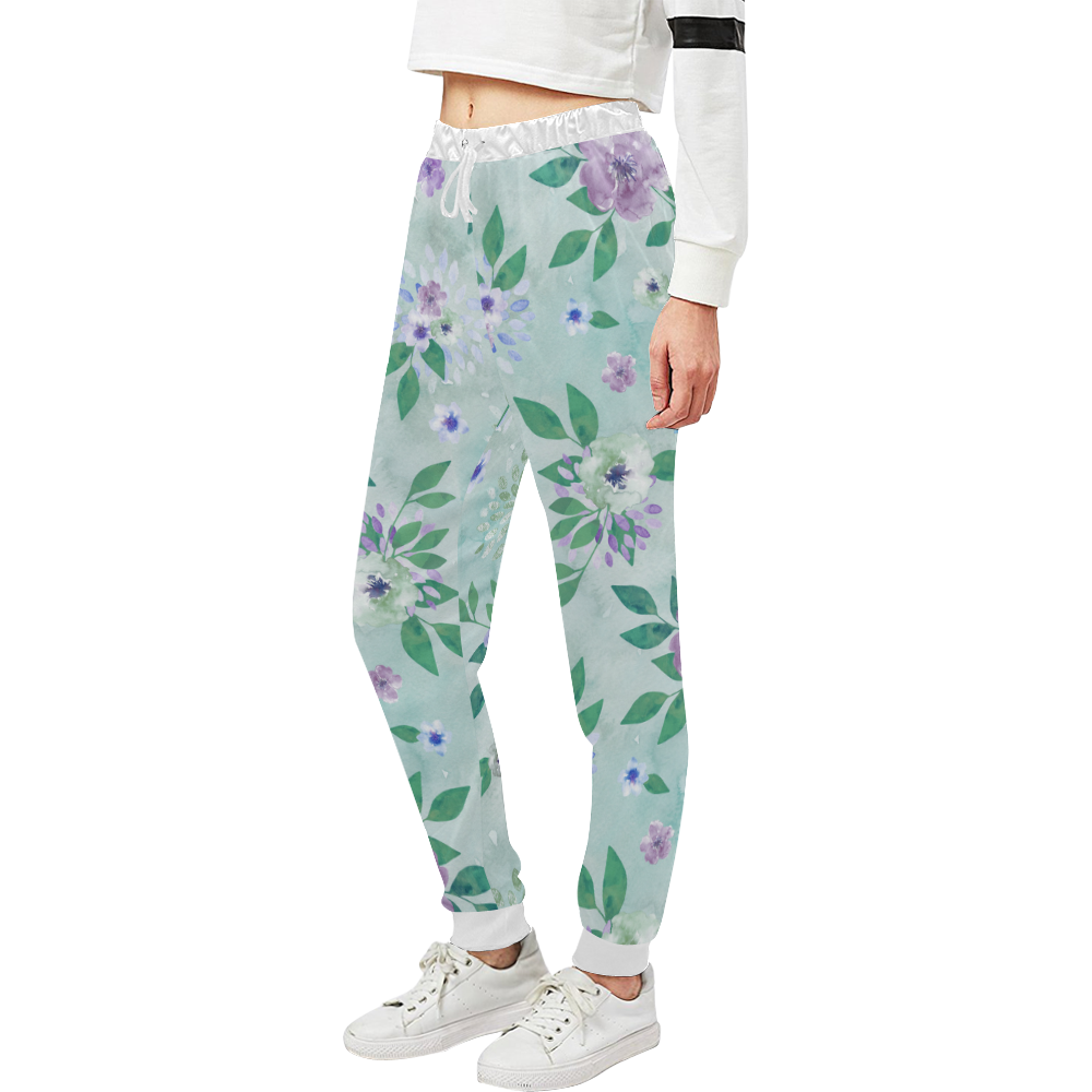Watercolor Spring Flowers Pattern cyan lilac Unisex All Over Print Sweatpants (Model L11)