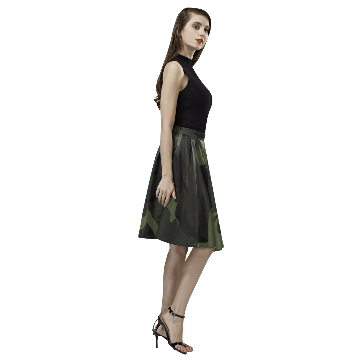 Camo Green Melete Pleated Midi Skirt (Model D15)