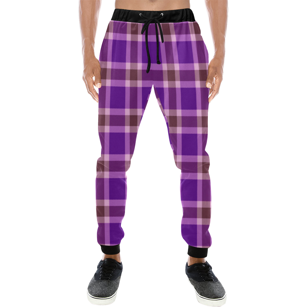 Purple Burgundy White Plaid Men's All Over Print Sweatpants (Model L11)