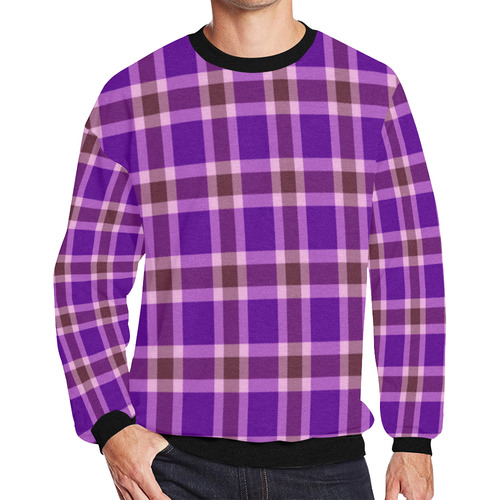 Purple Burgundy White Plaid Men's Oversized Fleece Crew Sweatshirt (Model H18)