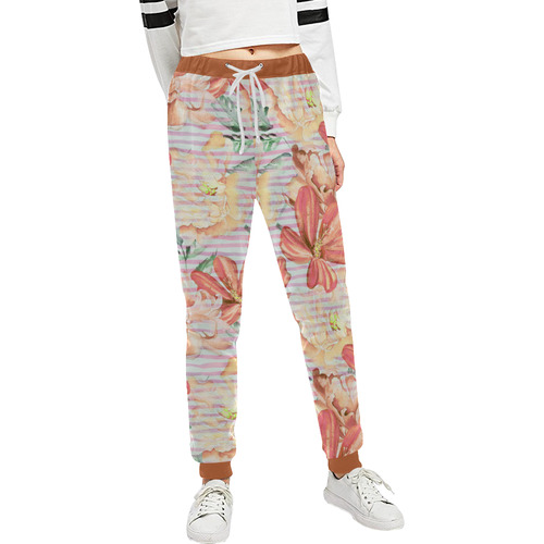Watercolor Flowers Stripes Wallpaper 02 Unisex All Over Print Sweatpants (Model L11)