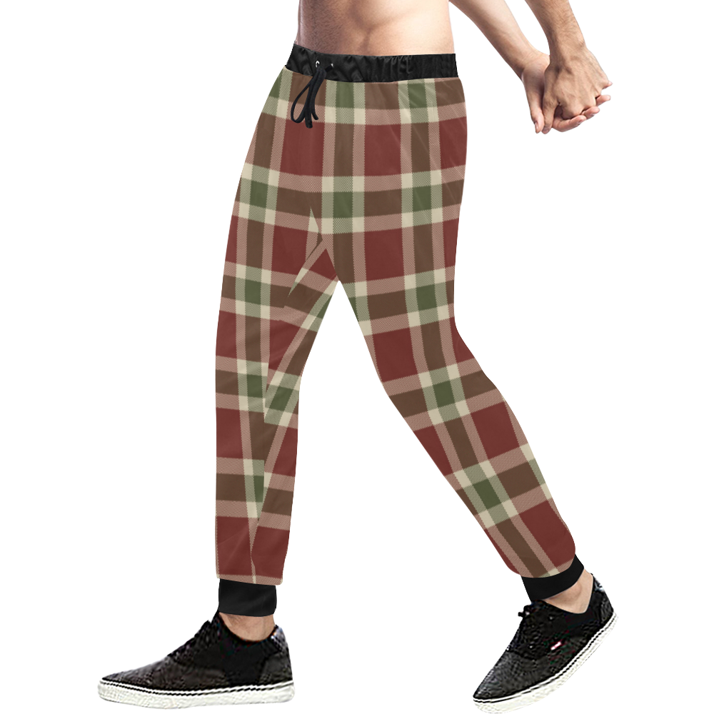Dark Red Green Plaid Men's All Over Print Sweatpants (Model L11)