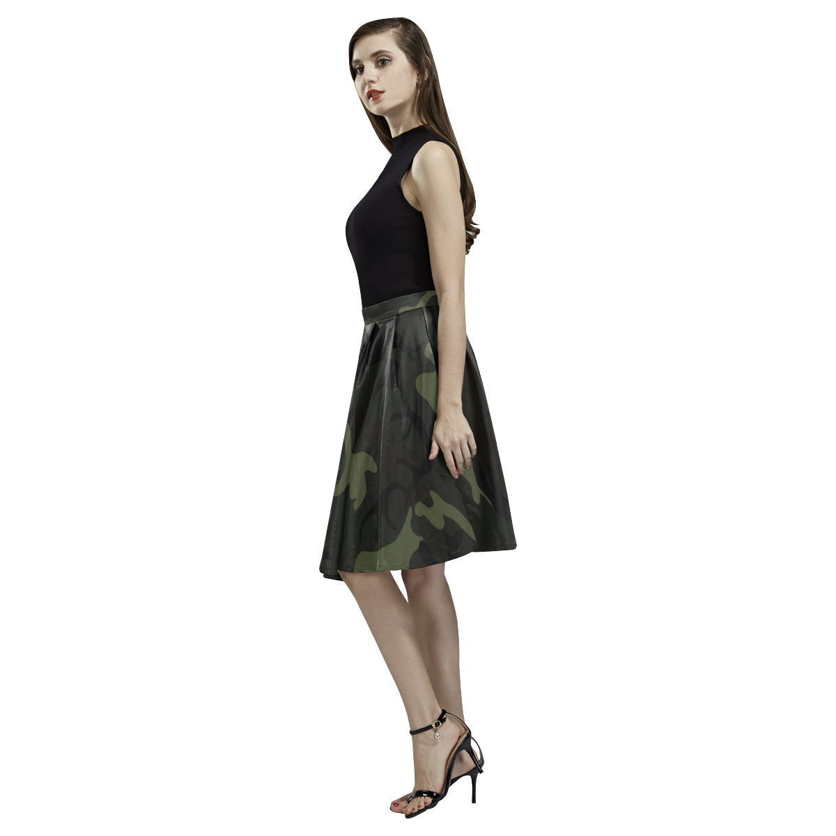 Camo Green Melete Pleated Midi Skirt (Model D15)