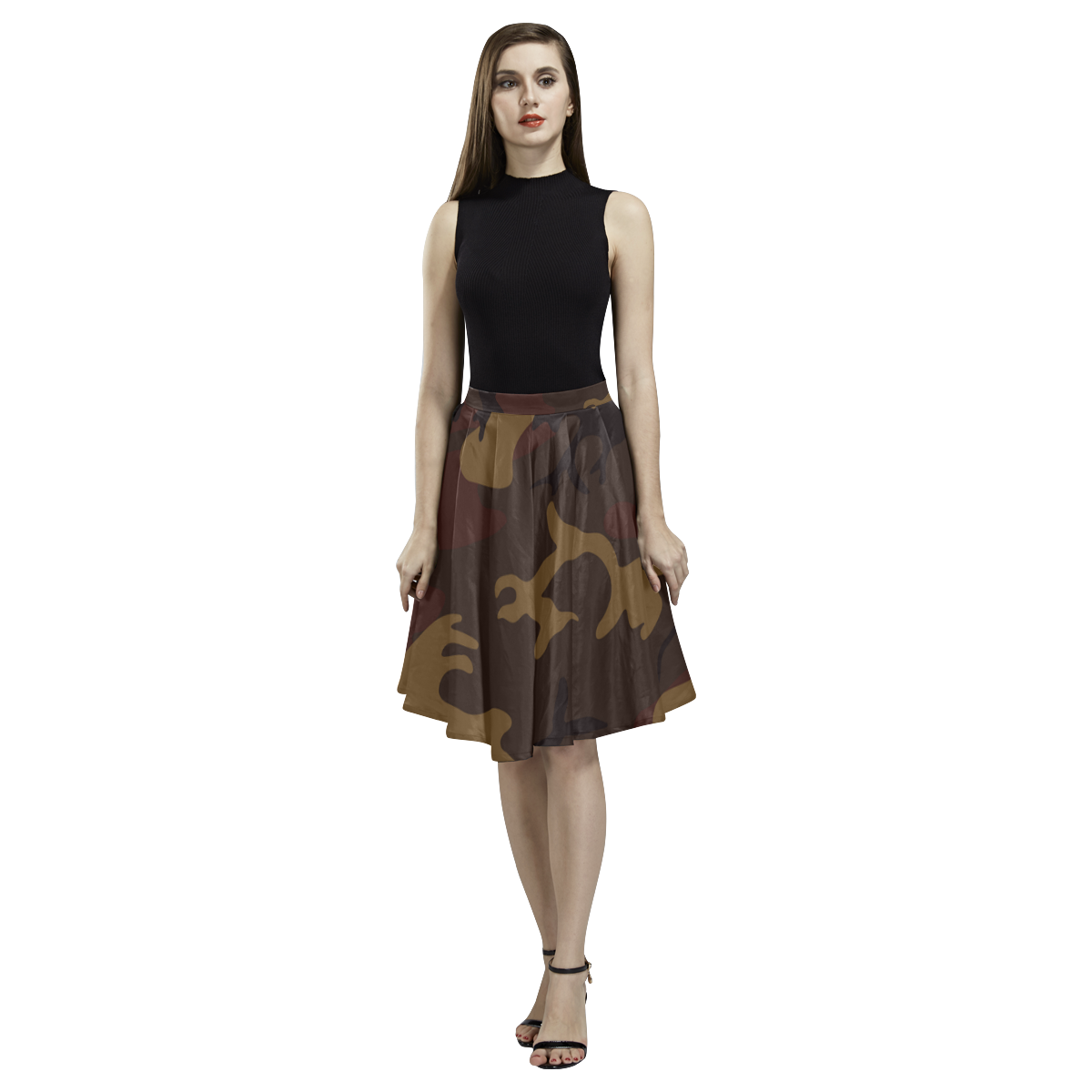 Camo Dark Brown Melete Pleated Midi Skirt (Model D15)