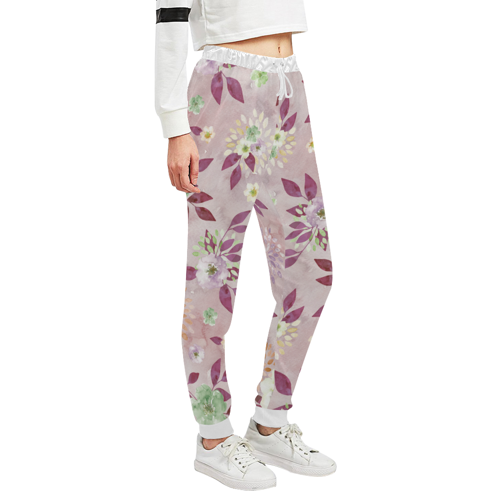 Watercolor Spring Flowers Pattern plum green Unisex All Over Print Sweatpants (Model L11)