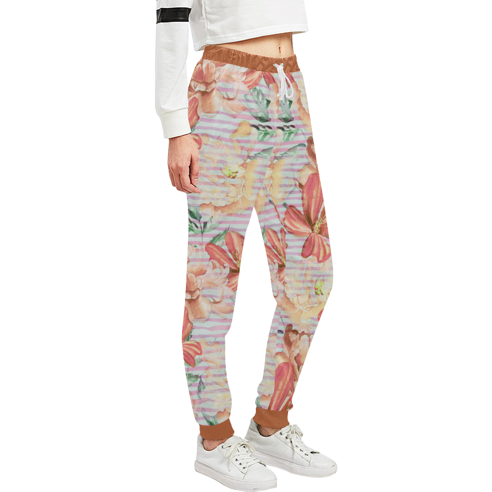 Watercolor Flowers Stripes Wallpaper 02 Unisex All Over Print Sweatpants (Model L11)