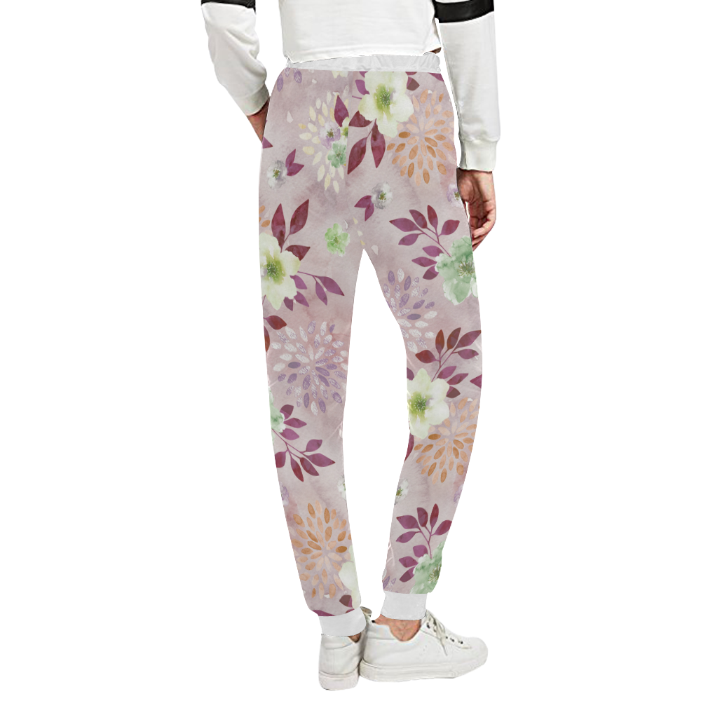 Watercolor Spring Flowers Pattern plum green Unisex All Over Print Sweatpants (Model L11)