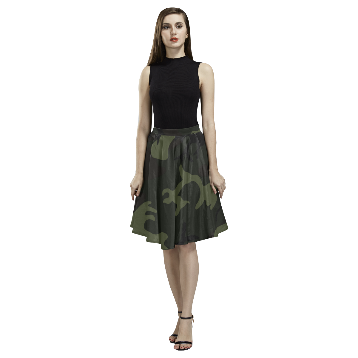 Camo Green Melete Pleated Midi Skirt (Model D15)