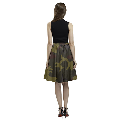 Camo Green Brown Melete Pleated Midi Skirt (Model D15)