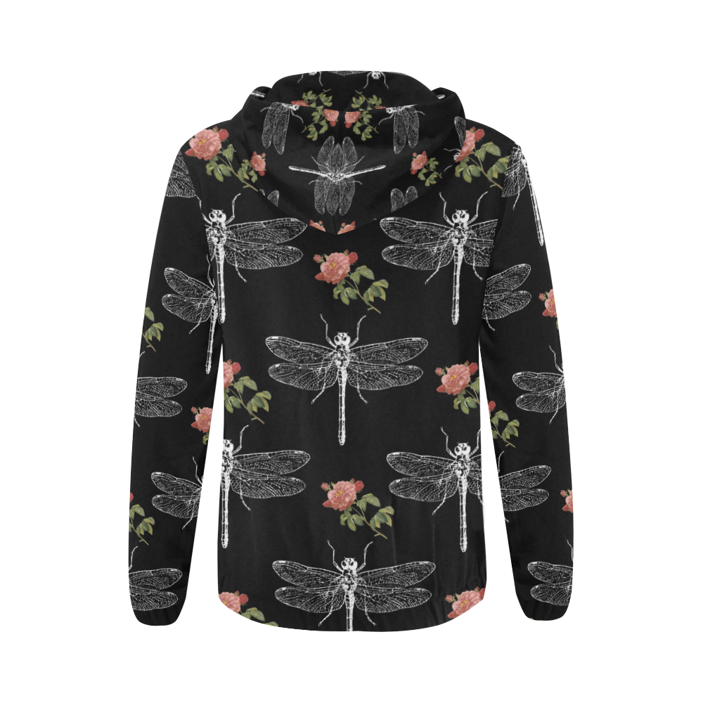 Dragonflies and Roses All Over Print Full Zip Hoodie for Women (Model H14)
