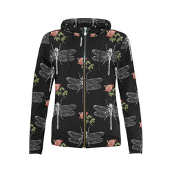 Dragonflies and Roses All Over Print Full Zip Hoodie for Women (Model H14)