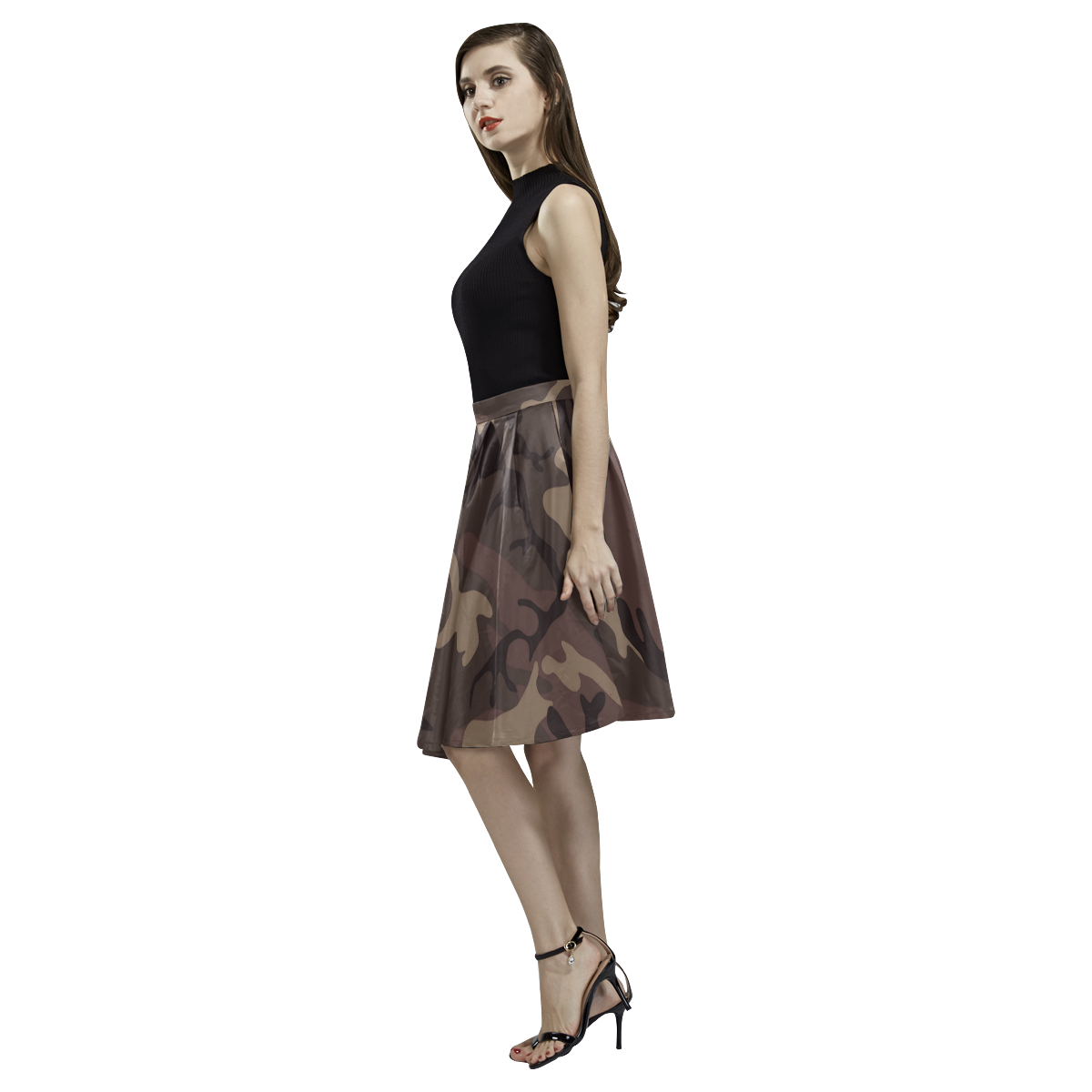 Camo Red Brown Melete Pleated Midi Skirt (Model D15)