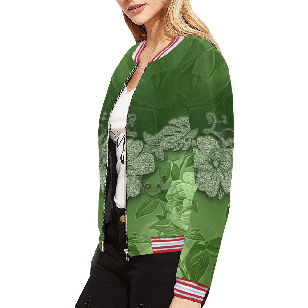 Wonderful green floral design All Over Print Bomber Jacket for Women (Model H21)