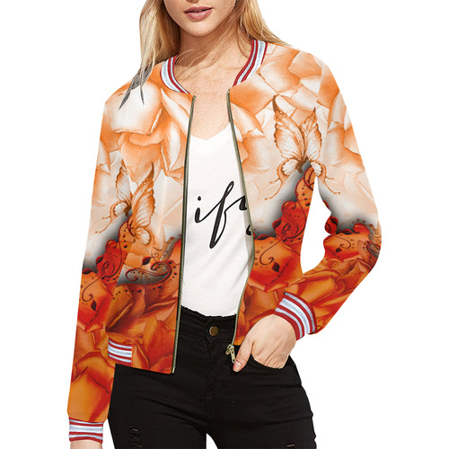 Sorf red flowers with butterflies All Over Print Bomber Jacket for Women (Model H21)