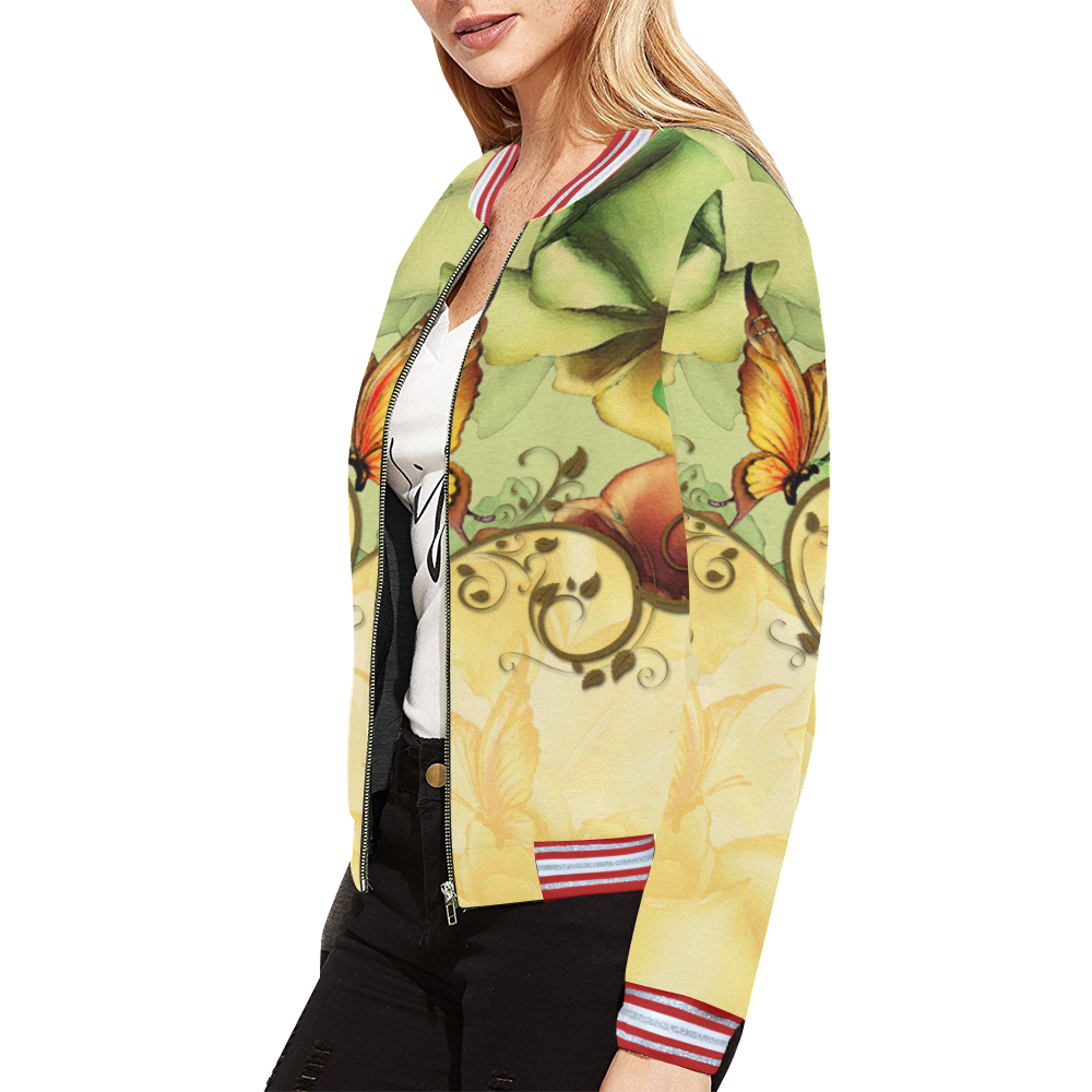 Colorful flowers with butterflies All Over Print Bomber Jacket for Women (Model H21)