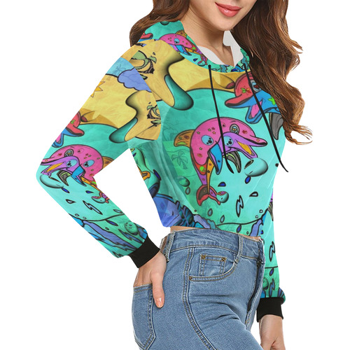 Dolphin Popart by Nico Bielow All Over Print Crop Hoodie for Women (Model H22)
