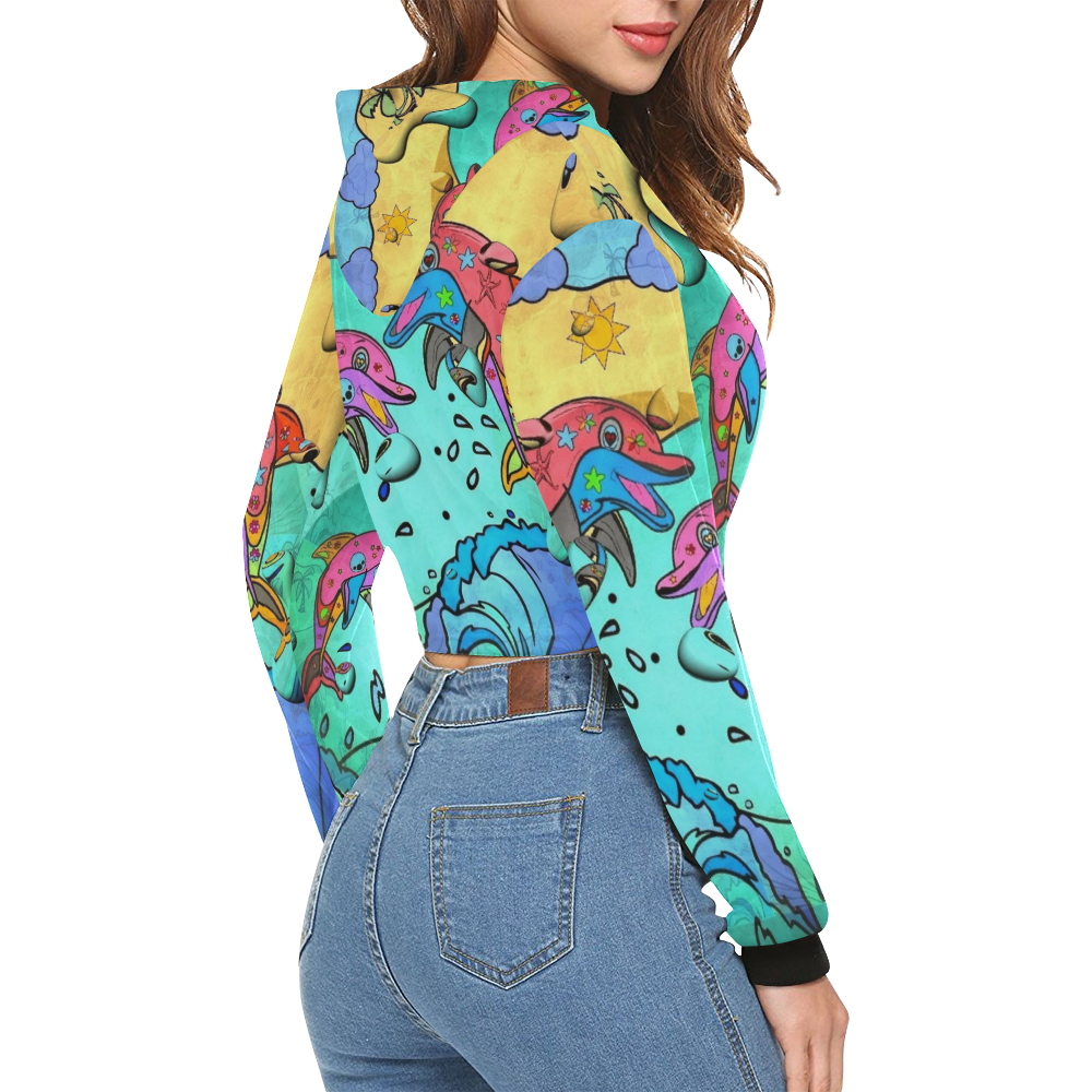 Dolphin Popart by Nico Bielow All Over Print Crop Hoodie for Women (Model H22)
