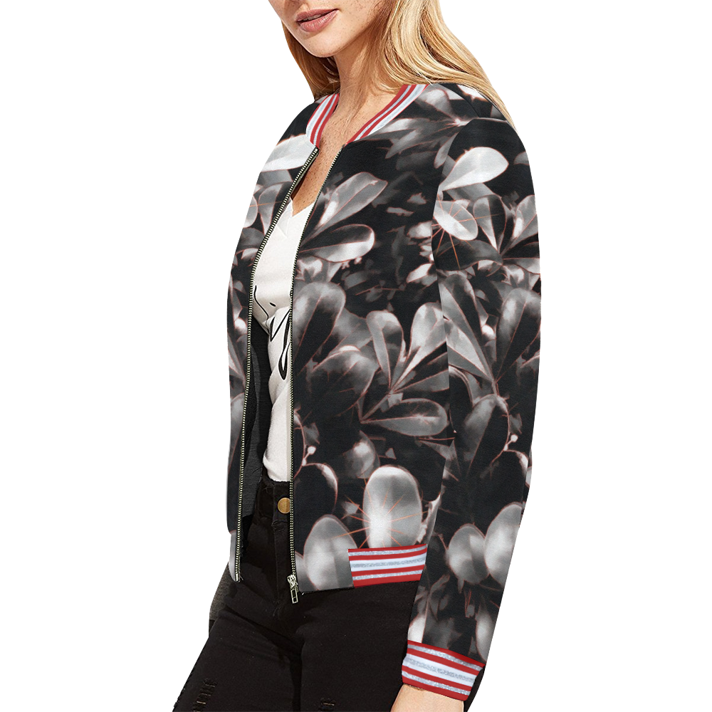 Foliage #1 Red Edge All Over Print Bomber Jacket for Women (Model H21)