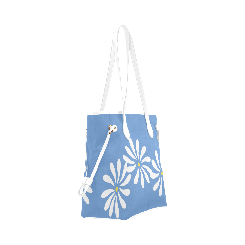 White Floral Design on Blue Clover Canvas Tote Bag (Model 1661)