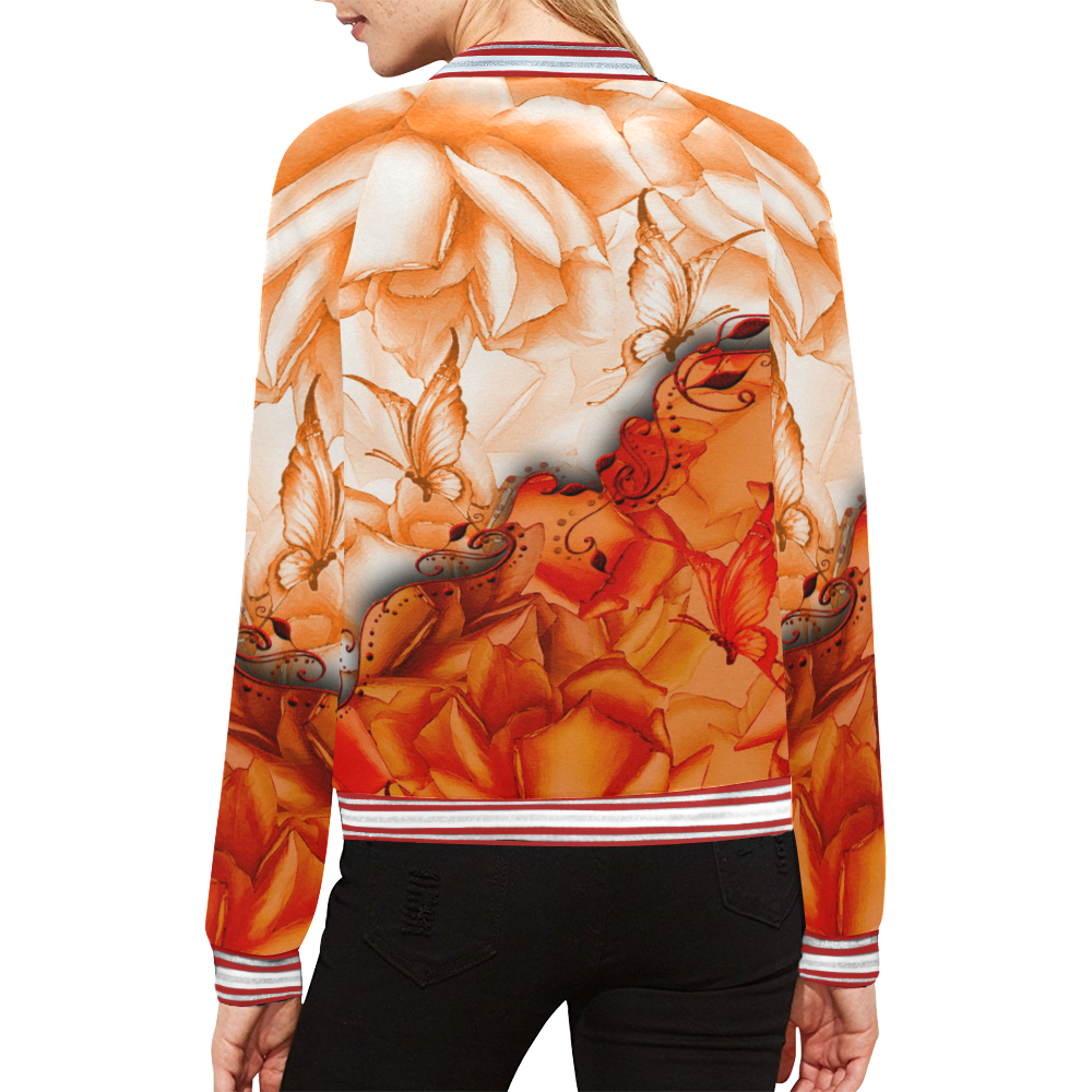Sorf red flowers with butterflies All Over Print Bomber Jacket for Women (Model H21)