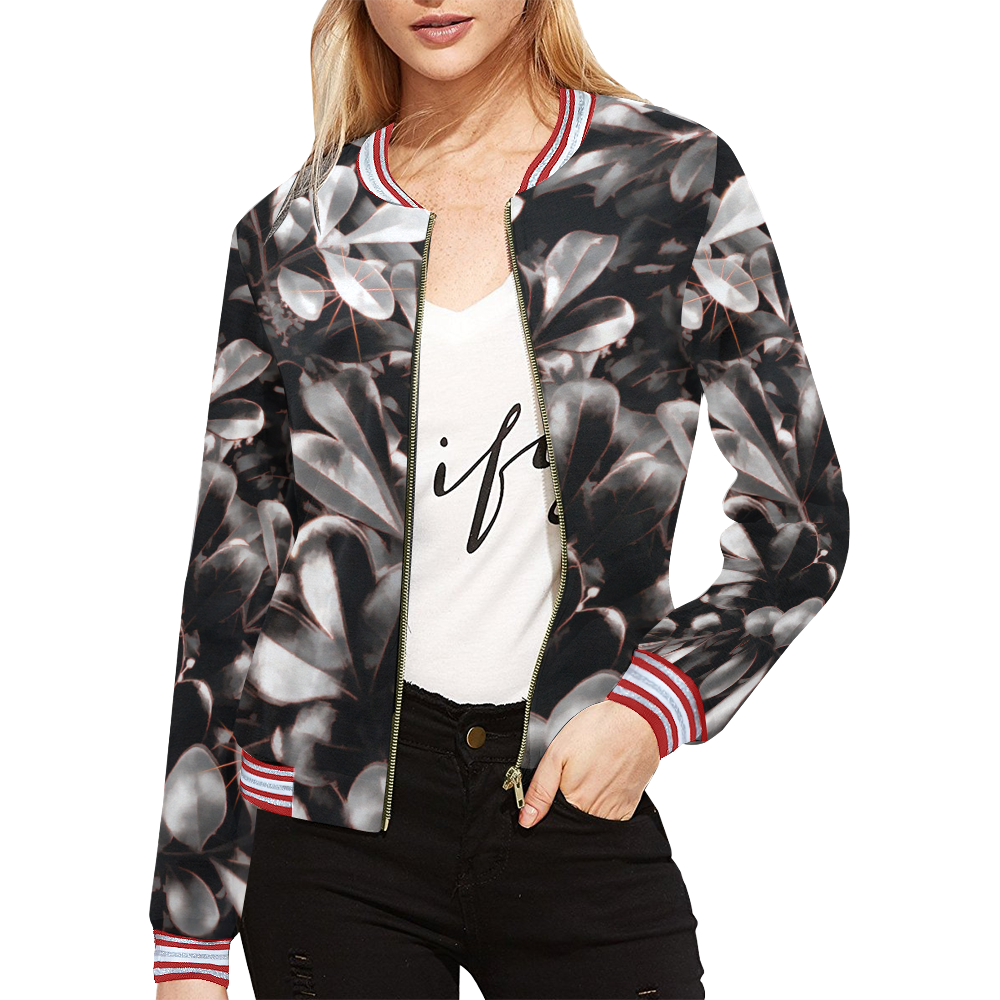 Foliage #1 Red Edge All Over Print Bomber Jacket for Women (Model H21)