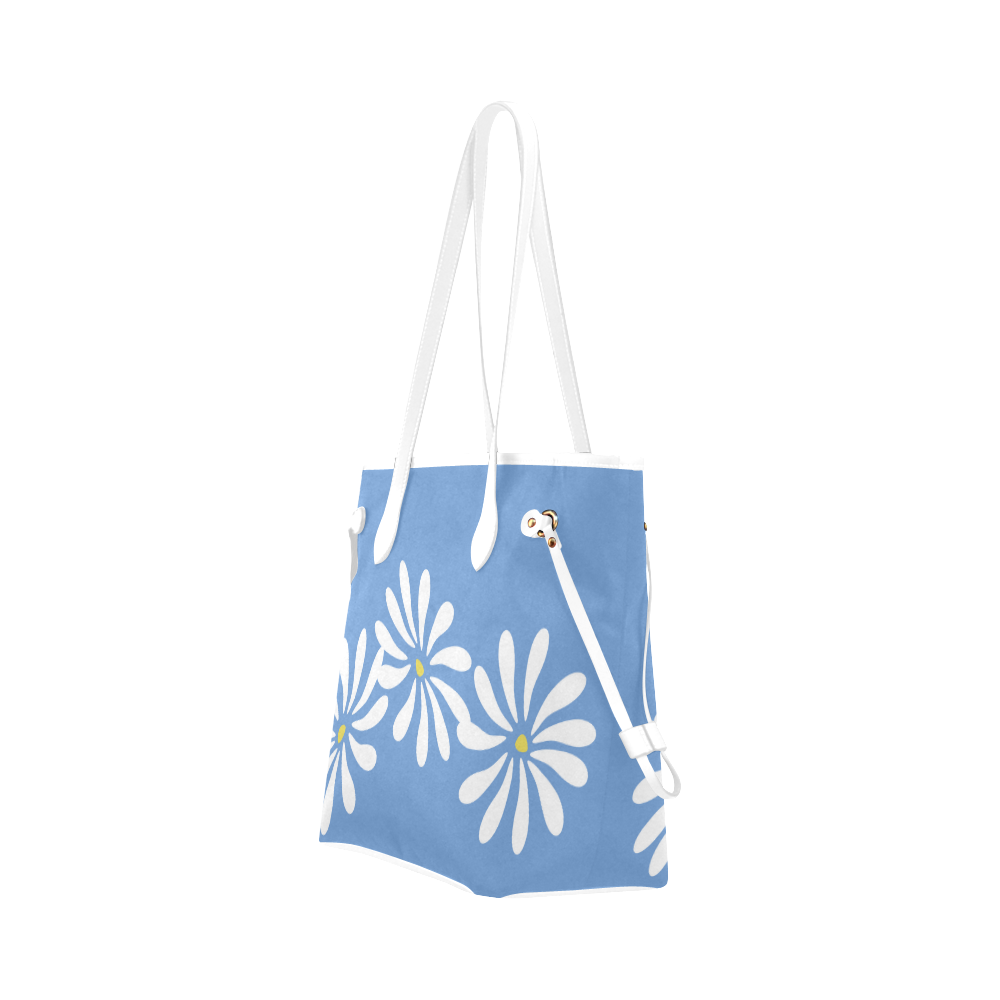 White Floral Design on Blue Clover Canvas Tote Bag (Model 1661)