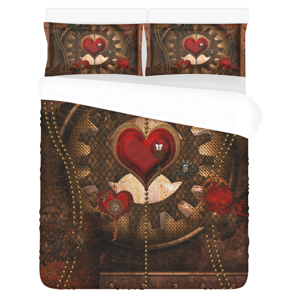 Steampunk, awesome herats with clocks and gears 3-Piece Bedding Set