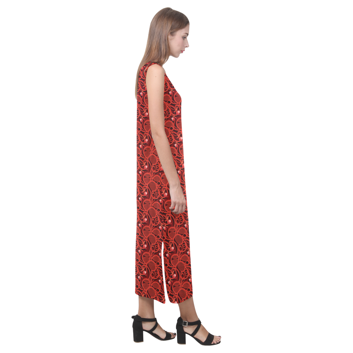 Cherry Tomato Red Hearts Phaedra Sleeveless Open Fork Long Dress (Model D08)