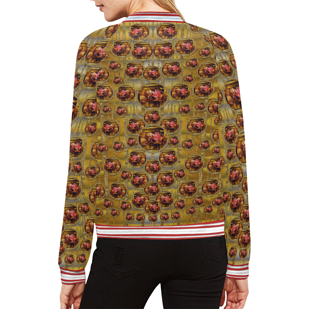 Angels in gold and flowers of paradise rocks All Over Print Bomber Jacket for Women (Model H21)