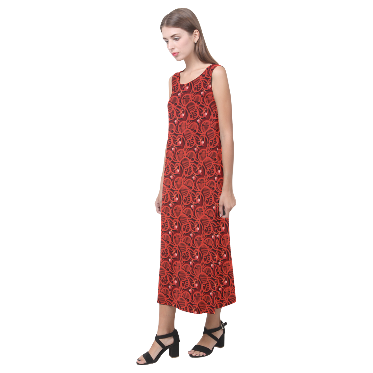 Cherry Tomato Red Hearts Phaedra Sleeveless Open Fork Long Dress (Model D08)