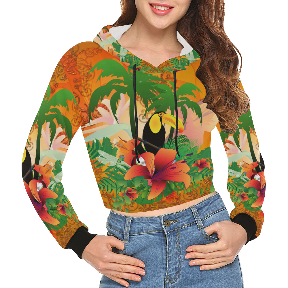 Funny toucan, tropical design All Over Print Crop Hoodie for Women (Model H22)
