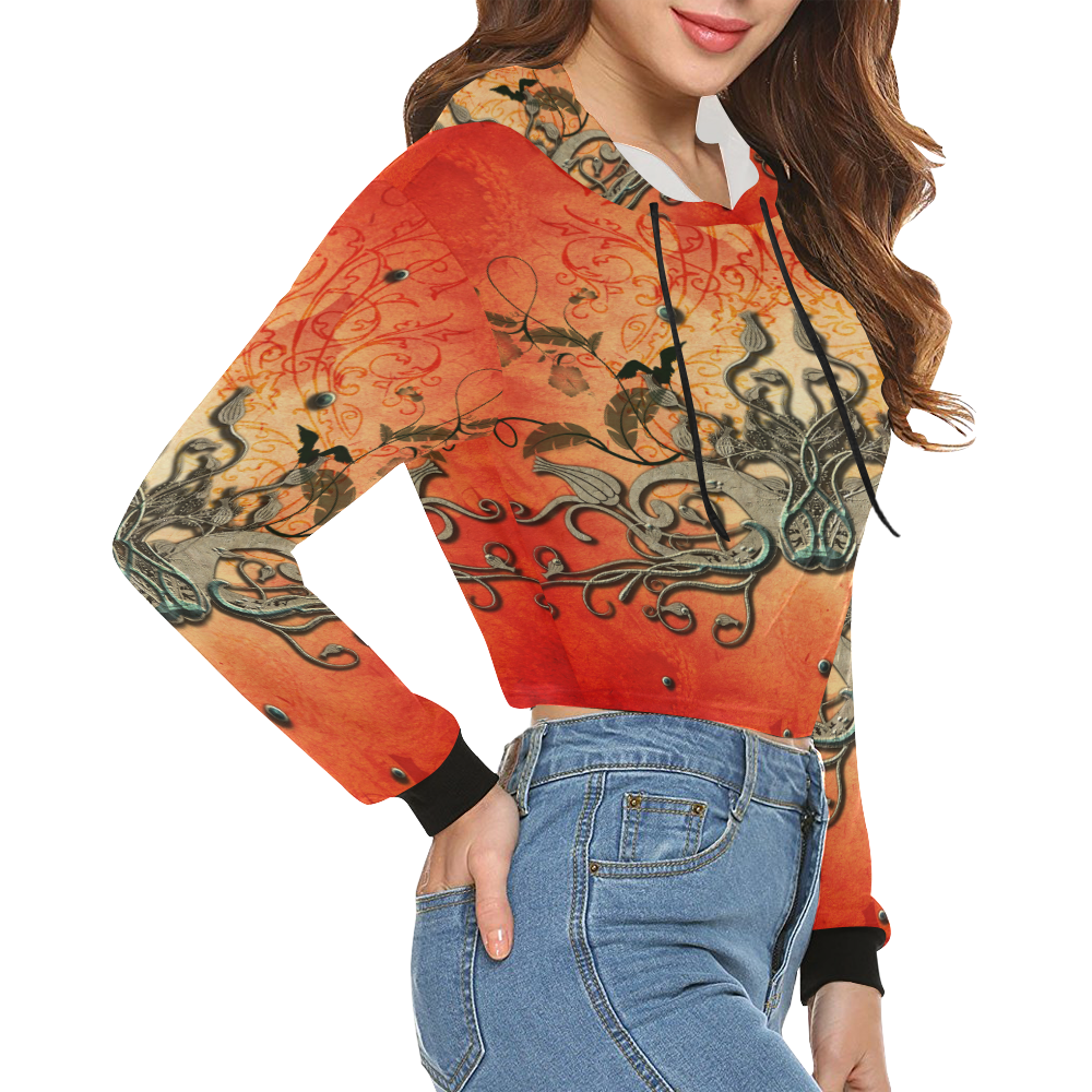Floral design on red background All Over Print Crop Hoodie for Women (Model H22)