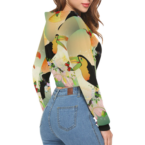 Funny toucan with flowers All Over Print Crop Hoodie for Women (Model H22)