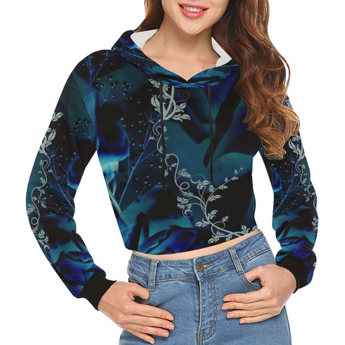 Floral design, blue colors All Over Print Crop Hoodie for Women (Model H22)