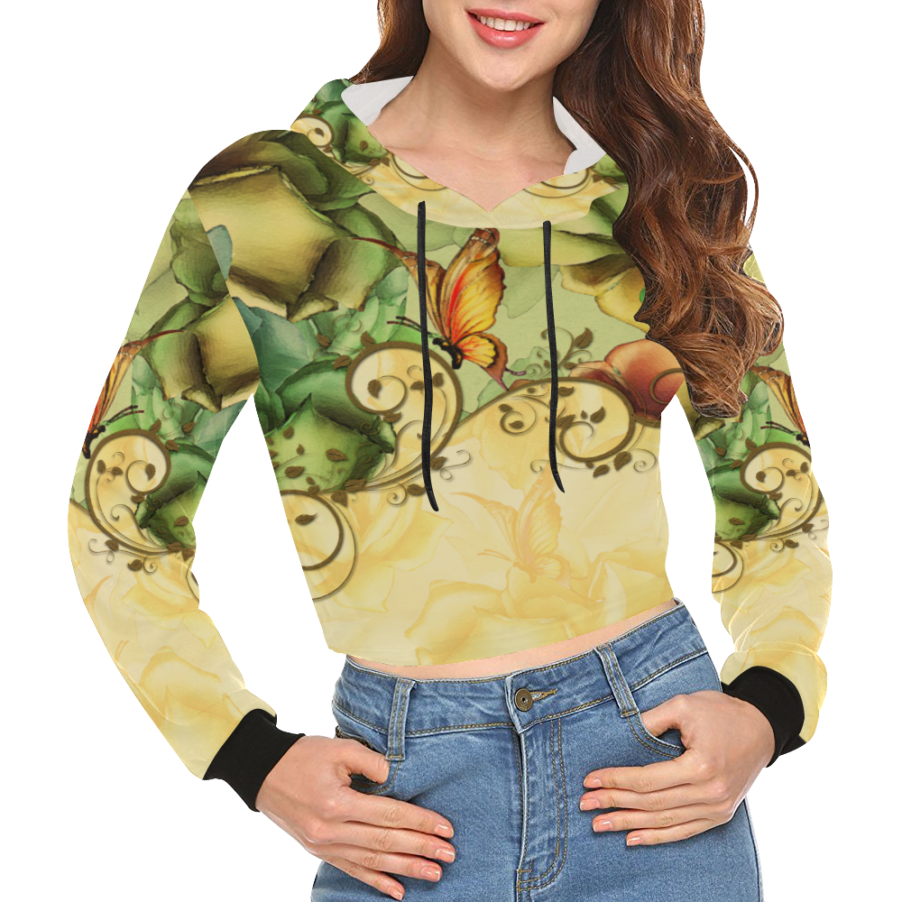 Colorful flowers with butterflies All Over Print Crop Hoodie for Women (Model H22)