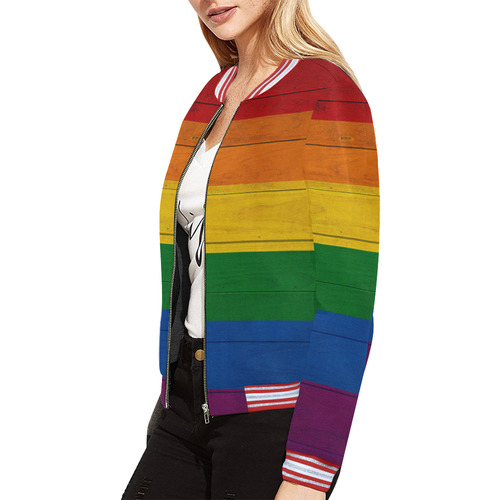 Rainbow Flag Colored Stripes Wood All Over Print Bomber Jacket for Women (Model H21)