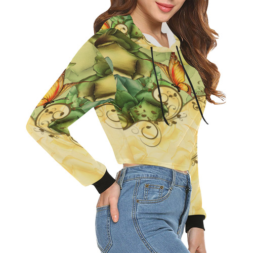 Colorful flowers with butterflies All Over Print Crop Hoodie for Women (Model H22)