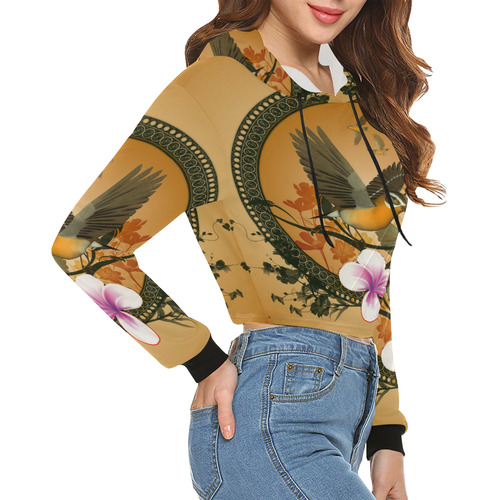 Birds with flowers All Over Print Crop Hoodie for Women (Model H22)