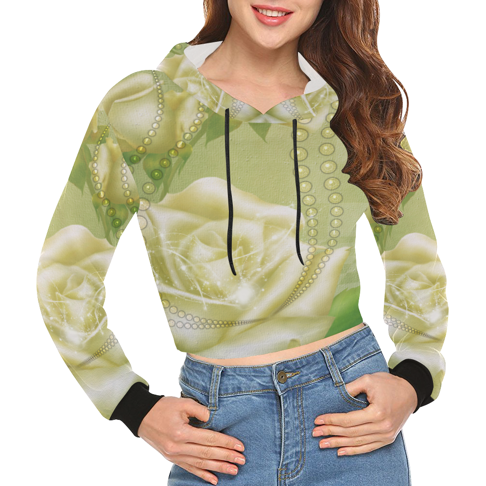 Beautiful soft green roses All Over Print Crop Hoodie for Women (Model H22)