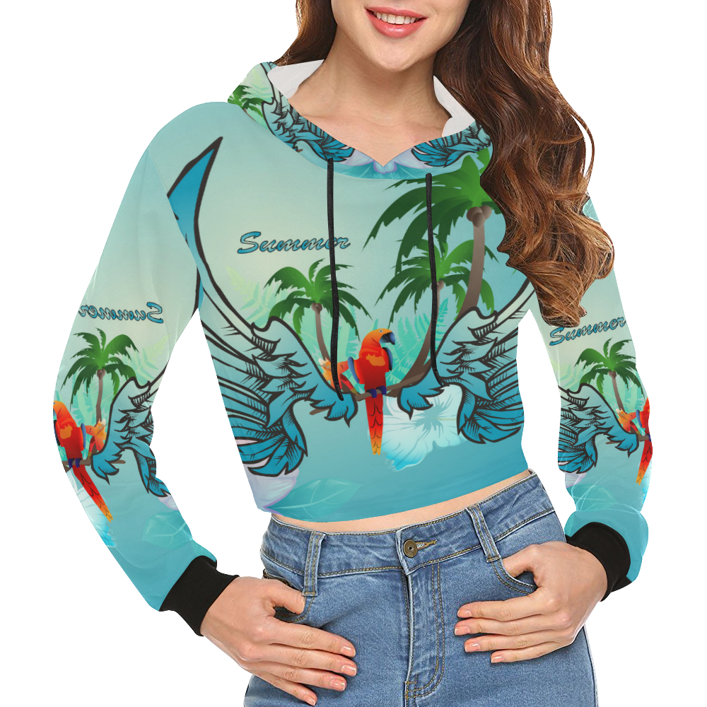 Cute parrot with wings All Over Print Crop Hoodie for Women (Model H22)