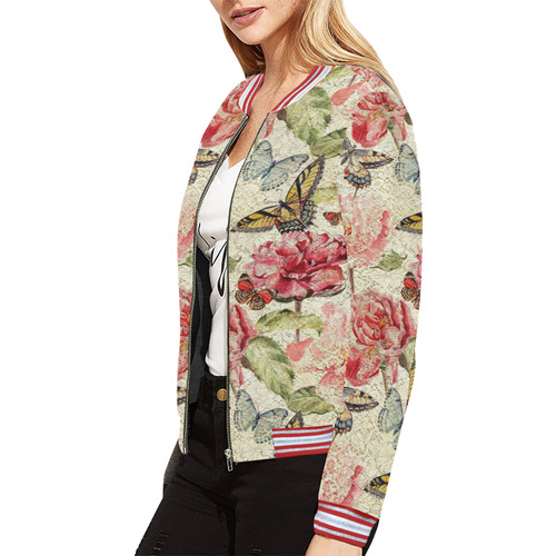 Watercolor Vintage Flowers Butterflies Lace 1 All Over Print Bomber Jacket for Women (Model H21)