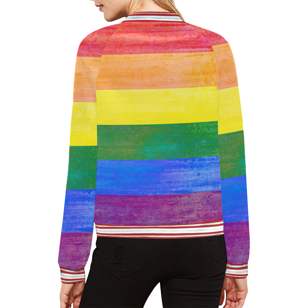 Rainbow Flag Colored Stripes Grunge All Over Print Bomber Jacket for Women (Model H21)